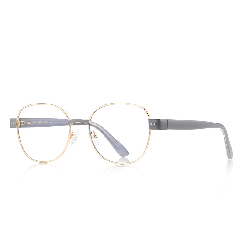 Dual Rivet Metal Panto Blue Light Blocking Glasses in Gold with Brown Bridge & Brown Rivet Endpieces