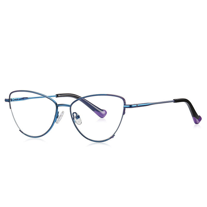 Dipped Tip Metal Cat Eye Spring Hinge Blue Light Blocking Glasses in Metallic Indigo Blue with Purple Accent Tips