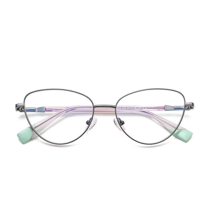 Colorblock Tip Metal Cat Eye Blue Light Blocking Glasses in Grey with Mint Tips