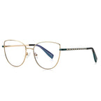 LENSVA Checkered Temple Metal Cat Eye Spring Hinge Glasses in Gold & Forest Green