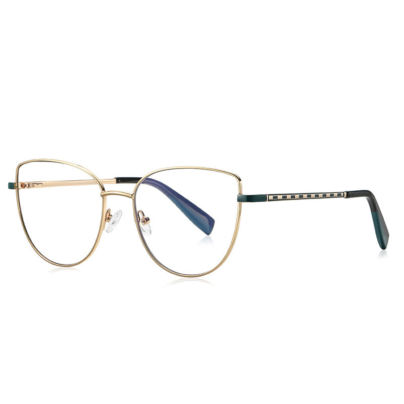 LENSVA Checkered Temple Metal Cat Eye Spring Hinge Glasses in Gold & Forest Green