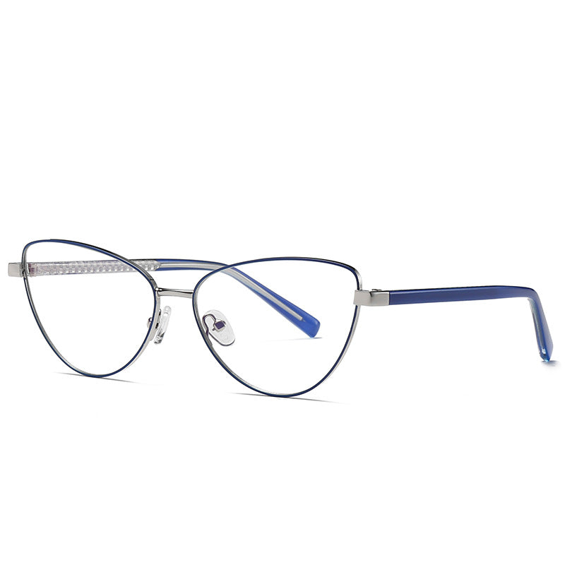 Crystal Browbar Metal Cat Eye Blue Light Blocking Glasses in Navy Silver