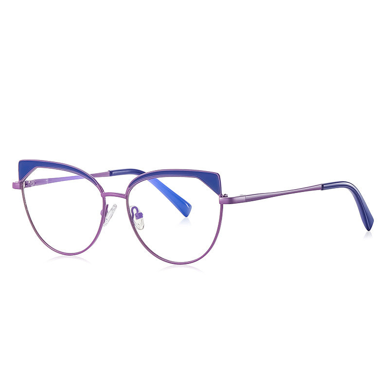 Triangle Wing Metal Cat Eye Blue Light Blocking Glasses in Purple with Royal Blue Triangle Wingtips