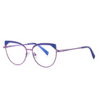 Triangle Wing Metal Cat Eye Blue Light Blocking Glasses in Purple with Royal Blue Triangle Wingtips