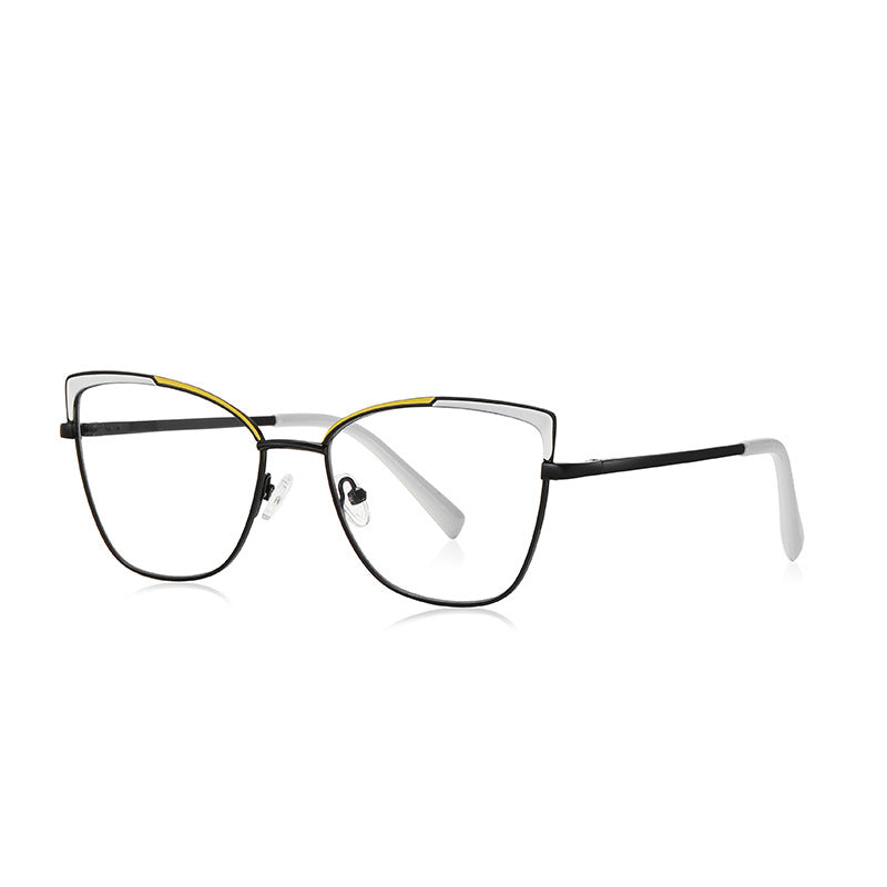 Pinstripe Brow Butterfly Blue Light Blocking Glasses in Matte Black with White & Yellow Brow