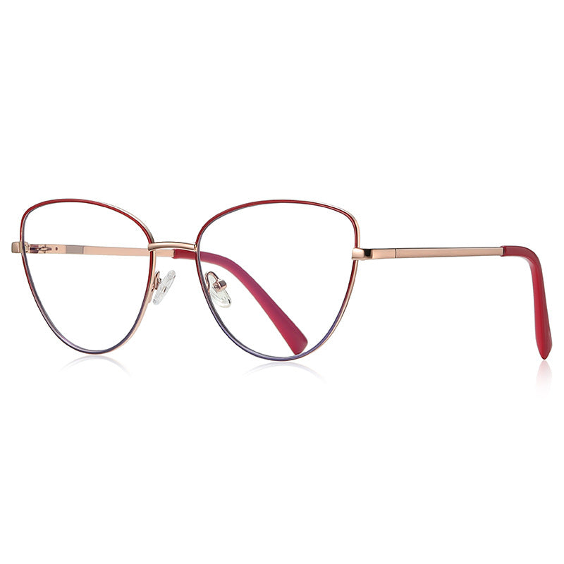 Enamel Rim Metal Cat Eye Blue Light Blocking Glasses in Rose Gold with Crimson Red Enamel Rim