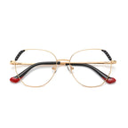 Pyramid Corner Metal Geometric Spring Hinge Blue Light Blocking Glasses in Polished Gold and Onyx Black with Crimson Dipped Tips