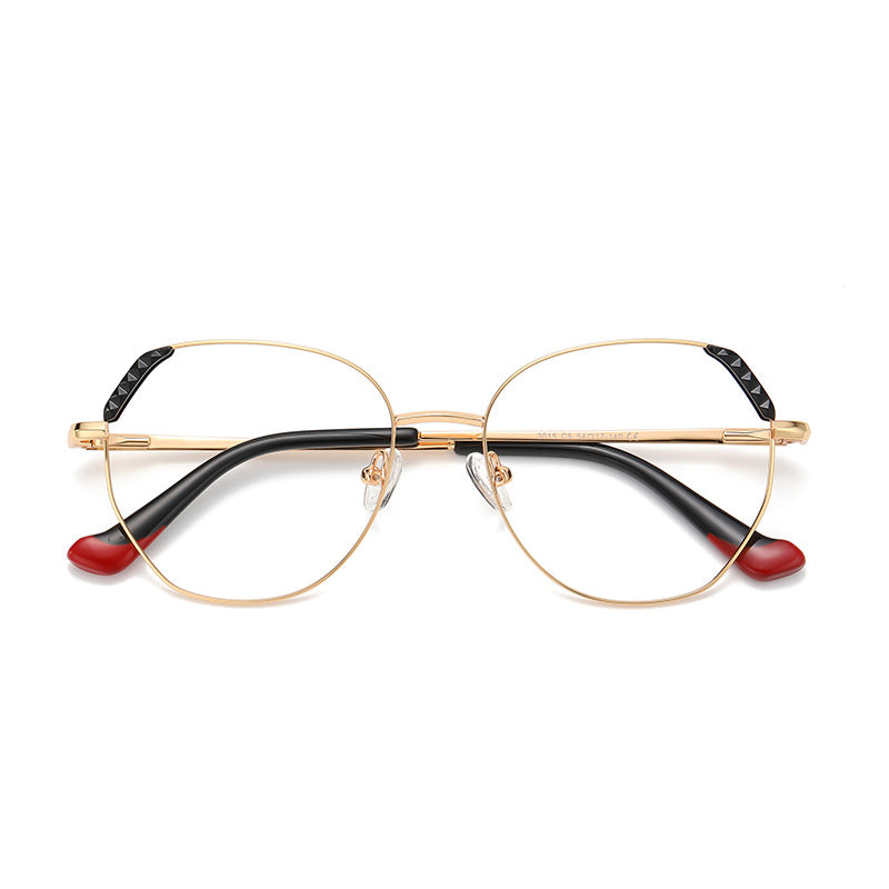 Pyramid Corner Metal Geometric Spring Hinge Blue Light Blocking Glasses in Polished Gold and Onyx Black with Crimson Dipped Tips