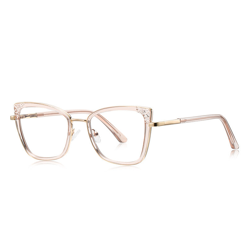 Pavé Corner Cat Eye Blue Light Blocking Glasses in Smoke Grey Crystal with Gold Bridge & Pavé Corners