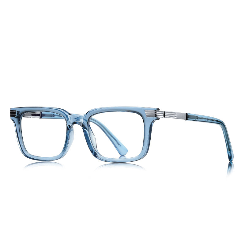 Ribbed Bar Square Blue Light Blocking Glasses in Translucent Ice Blue with Silver/Gold Ribbed Bars