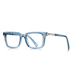 Ribbed Bar Square Blue Light Blocking Glasses in Translucent Ice Blue with Silver/Gold Ribbed Bars