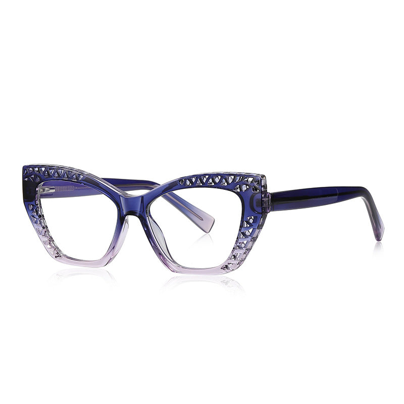 Trellis Cutout Cat Eye Blue Light Blocking Glasses in Royal Cobalt Blue to Clear Gradient