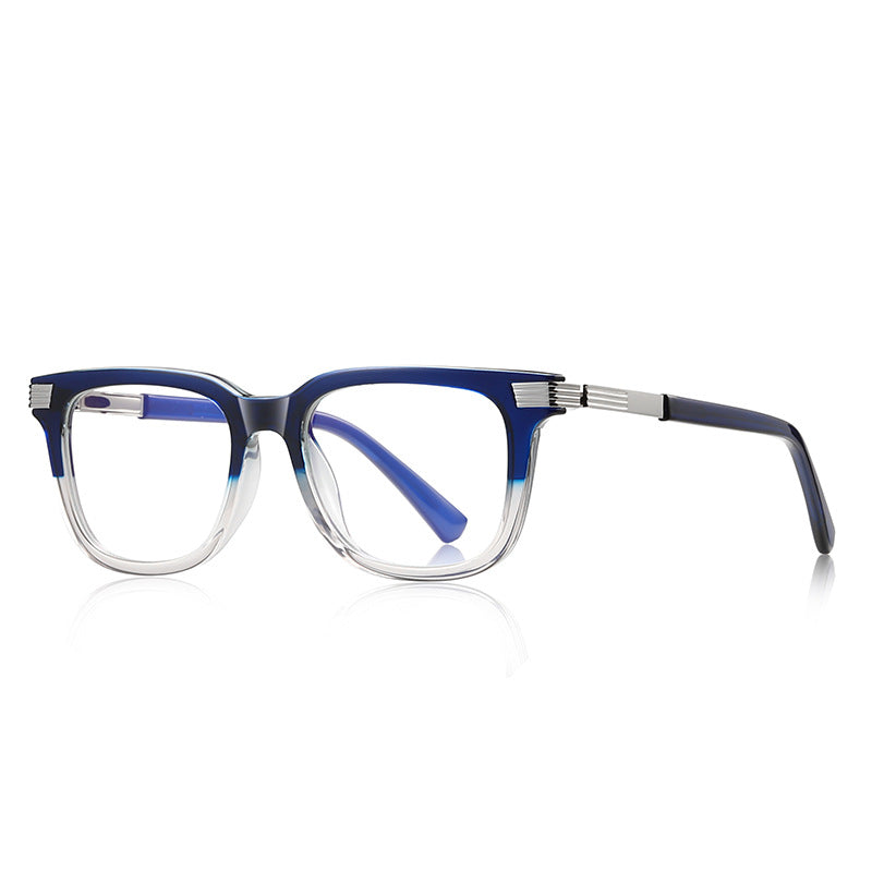 Grooved Bar Square Blue Light Blocking Glasses in Navy Blue to Clear Gradient with Grooved Gold Bars