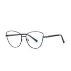 Geometric Lattice Metal Cat Eye Spring Hinge Blue Light Blocking Glasses in Matte Black and Mint Accent