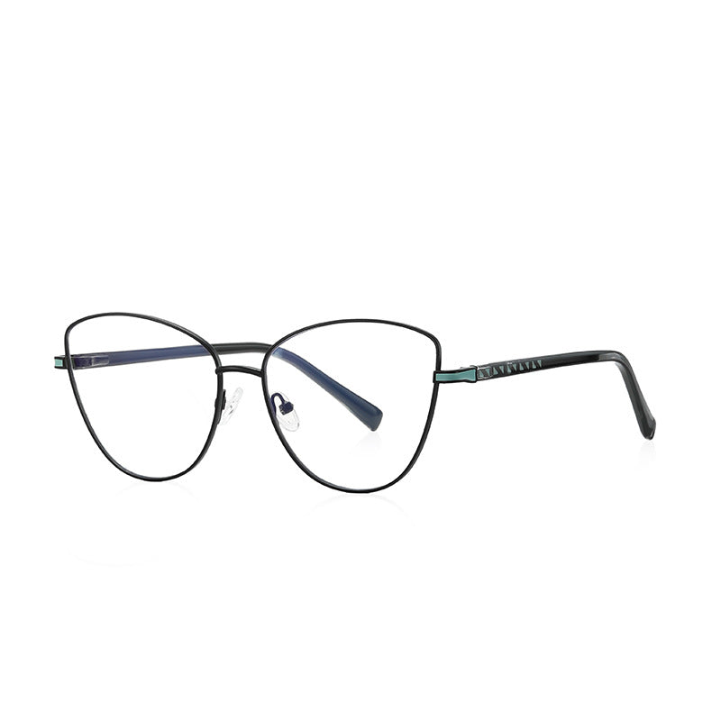 Geometric Lattice Metal Cat Eye Spring Hinge Blue Light Blocking Glasses in Matte Black and Mint Accent