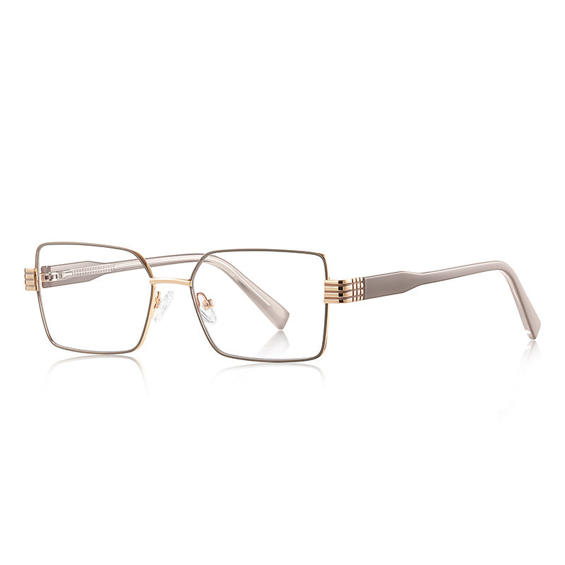 Oversized Square Metal Multi-Groove Hinge Blue Light Blocking Glasses in Light Gray Gold