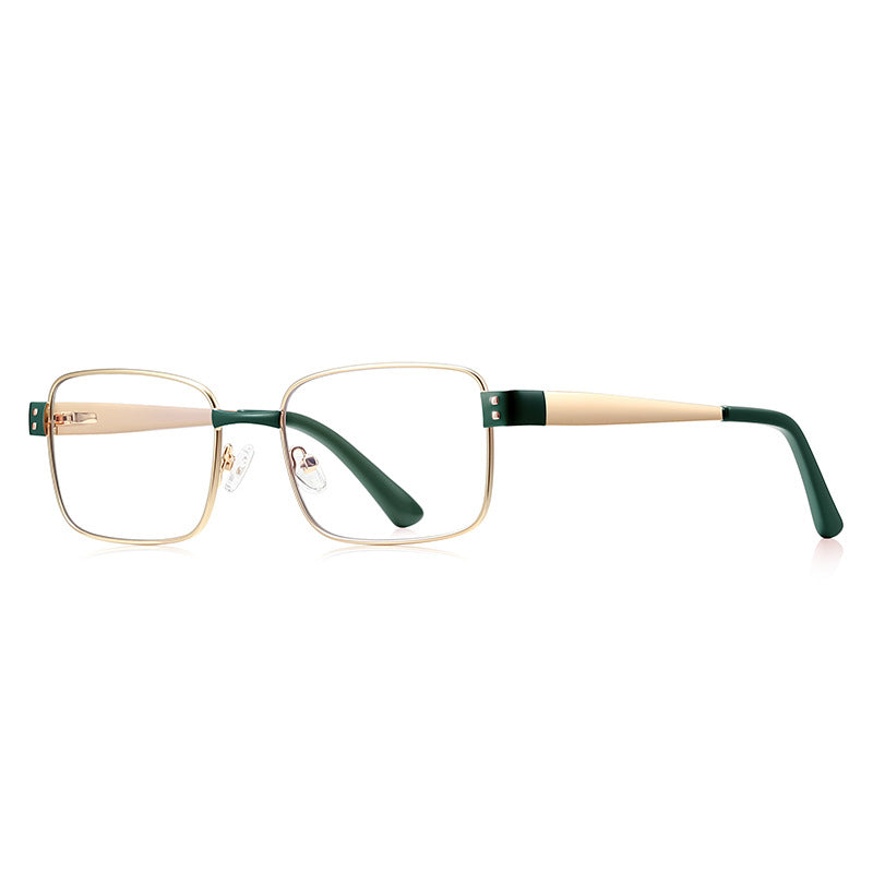 Dual Rivet Metal Rectangle Blue Light Blocking Glasses in Gold with Green Bridge & Endpiece Blocks