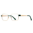 Dual Rivet Metal Rectangle Blue Light Blocking Glasses in Gold with Green Bridge & Endpiece Blocks