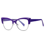Winged Browline Cat Eye Spring Hinge Blue Light Blocking Glasses in Deep Royal Purple with Silver Wire Rim