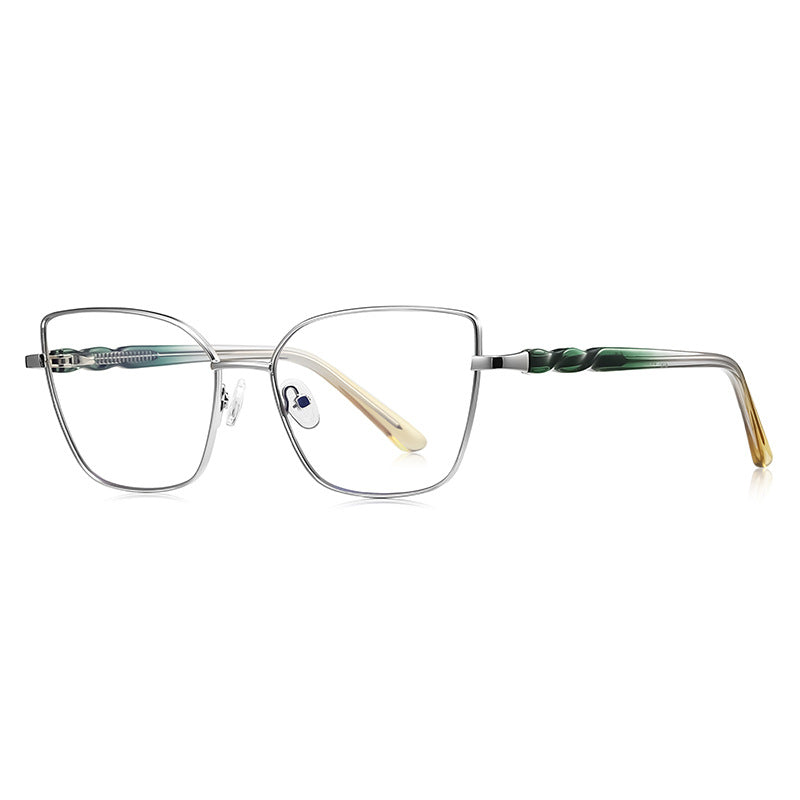 Wavy Temple Butterfly Blue Light Blocking Glasses in Silver with Mint Brow & Green Temples
