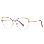 Eyelet Brow Metal Cat Eye Spring Hinge Blue Light Blocking Glasses in Polished Gold with Dusty Rose Enamel Brow, Cutout Eyelet Wings, and Pale Nude Gradient Lower Rim