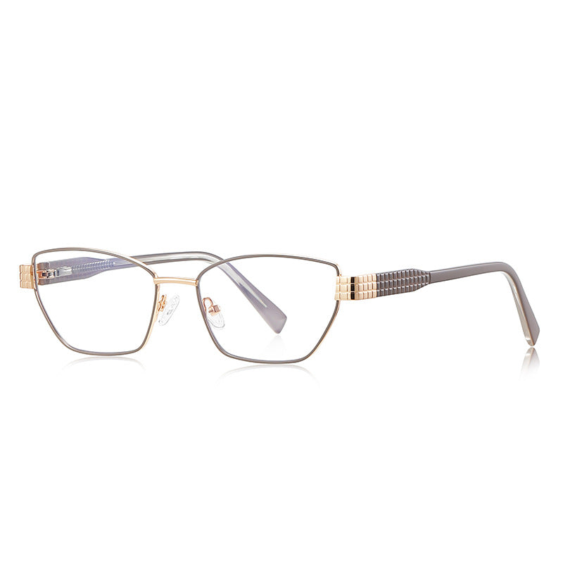 Grid-Texture Metal Cat Eye Blue Light Blocking Glasses in Gunmetal Grey & Gold