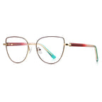 Enamel Trim Cat Eye Blue Light Blocking Glasses in Gold with Burgundy Enamel Rim & Green/Red Temples