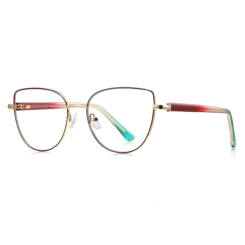 Enamel Trim Cat Eye Blue Light Blocking Glasses in Gold with Burgundy Enamel Rim & Green/Red Temples