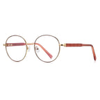 Grid-Texture Metal Round Blue Light Blocking Glasses in Gold with Plum Burgundy Enamel Rim & Red Grid Temples