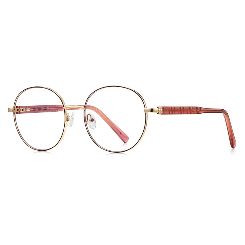 Grid-Texture Metal Round Blue Light Blocking Glasses in Gold with Plum Burgundy Enamel Rim & Red Grid Temples