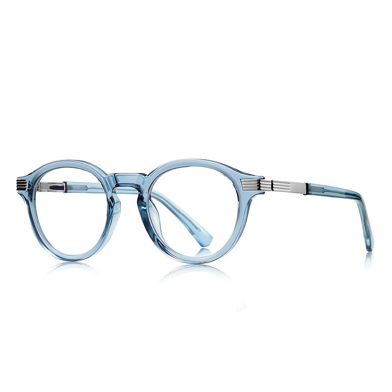 Fluted Hinge Round Blue Light Blocking Glasses in Translucent Slate Blue & Silver