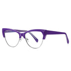 Faceted Browline Cat Eye Spring Hinge Blue Light Blocking Glasses in Royal Purple and Silver