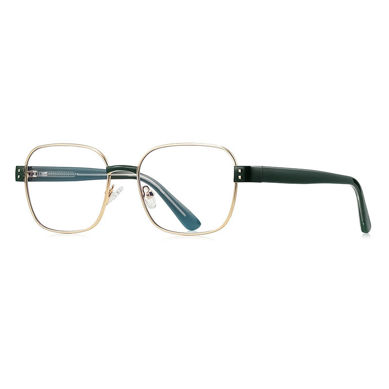 Dual Rivet Metal Square Blue Light Blocking Glasses in Gold & Emerald Green