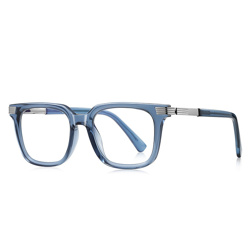 Fluted Bar Square Blue Light Blocking Glasses in Translucent Slate Denim Blue with Silver Fluted Bars