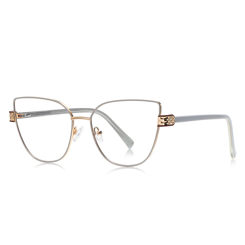 Diamond-Cut Hinge Cat Eye Blue Light Blocking Glasses in Platinum Grey with Gold Hardware