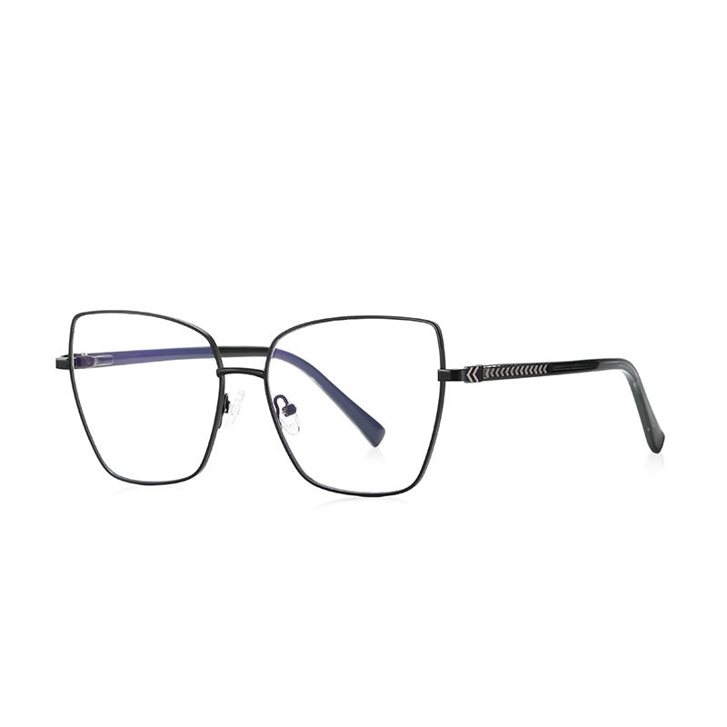 Chevron Band Metal Cat Eye Spring Hinge Blue Light Blocking Glasses in Solid Matte Black with Chevron Temples