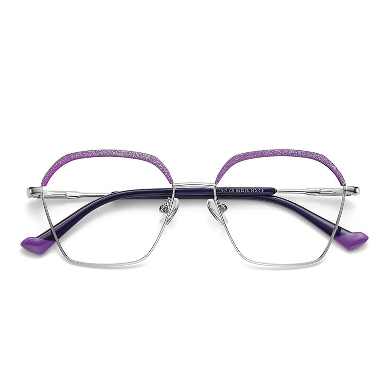 Arched Brow Geometric Square Blue Light Blocking Glasses in Silver with Purple Glitter Brow