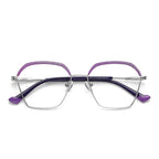 Arched Brow Geometric Square Blue Light Blocking Glasses in Silver with Purple Glitter Brow
