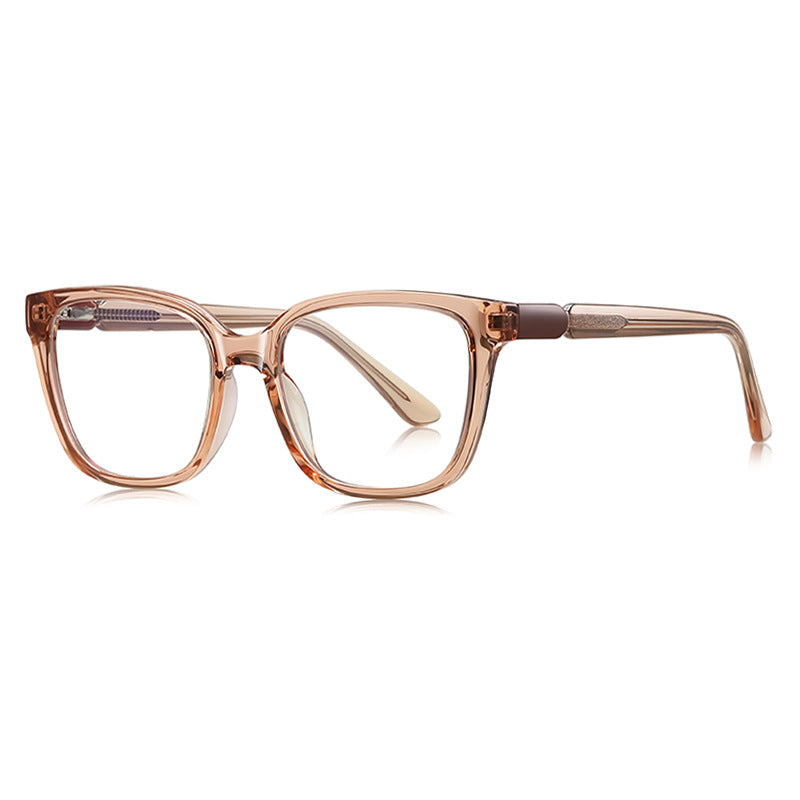 Barrel Hinge Square Blue Light Blocking Glasses in Translucent Champagne Peach with Bronze Barrel Hinge