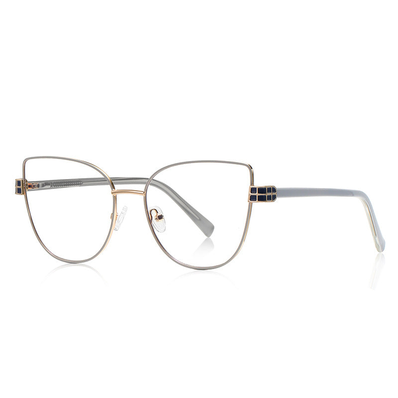 Grid Hinge Metal Cat Eye Blue Light Blocking Glasses in Silver with Royal Blue Enamel Rim