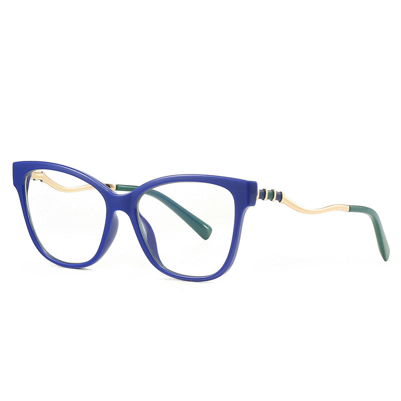 Serpentine Temple Cat Eye Spring Hinge Blue Light Blocking Glasses in Royal Cobalt Blue with Gold Serpentine Temples and Forest Green Tips