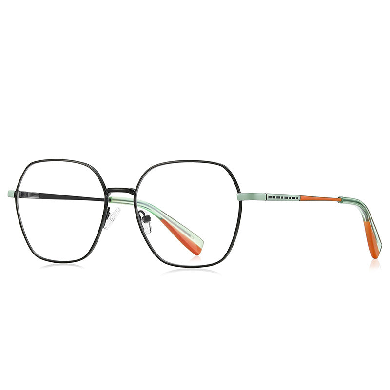 Colorblock Temple Geometric Square Spring Hinge Blue Light Glasses in Matte Black with Mint Green and Orange Temples