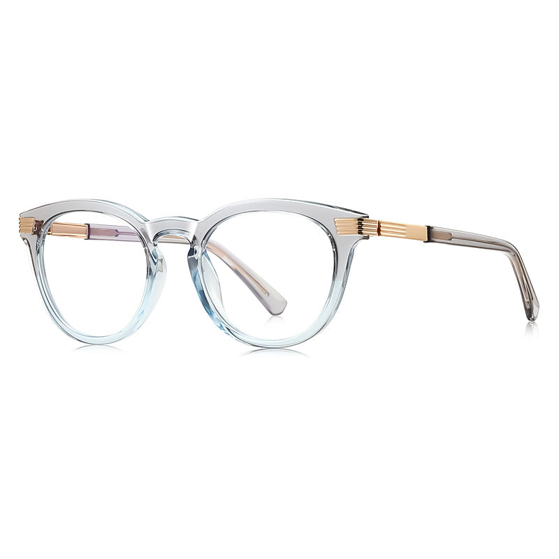 Ribbed Bar Round Blue Light Blocking Glasses in Translucent Sky Ice with Gold Ribbed Bar Accents
