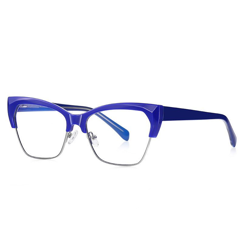 Wire Rim Browline Cat Eye Blue Light Blocking Glasses in Royal Cobalt Blue & Silver