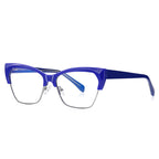 Wire Rim Browline Cat Eye Blue Light Blocking Glasses in Royal Cobalt Blue & Silver