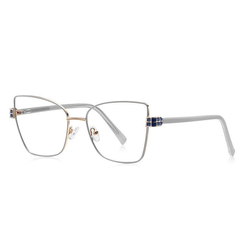 LENSVA Checkered Hinge Metal Butterfly Blue Light Glasses in Silver & Cobalt Blue