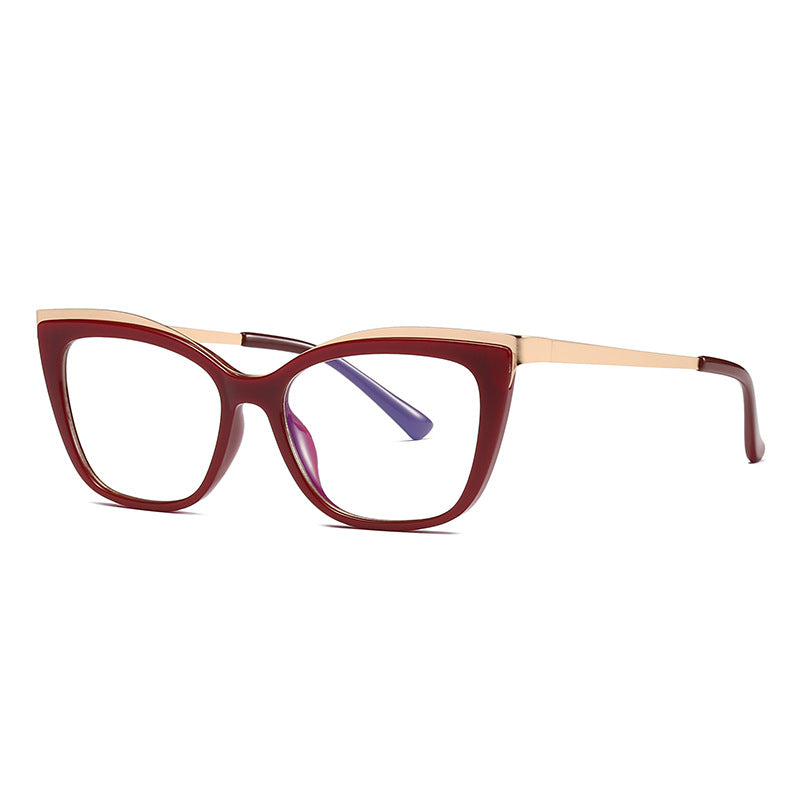 Gold Trim Cat Eye Blue Light Blocking Glasses in Crimson Wine Red & Gold