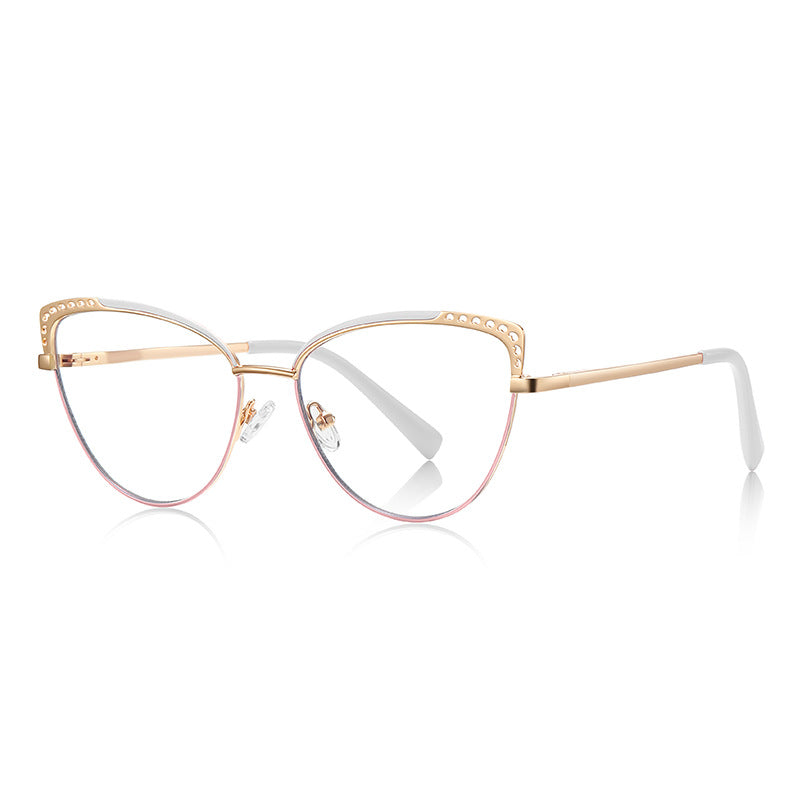 Rhinestone Wing Metal Cat Eye Spring Hinge Blue Light Blocking Glasses in Gold and Pearl White