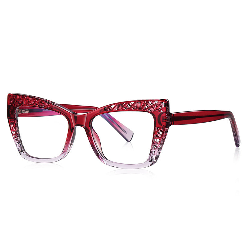 Cutout Lattice Cat Eye Blue Light Blocking Glasses in Crimson Red to Clear Gradient