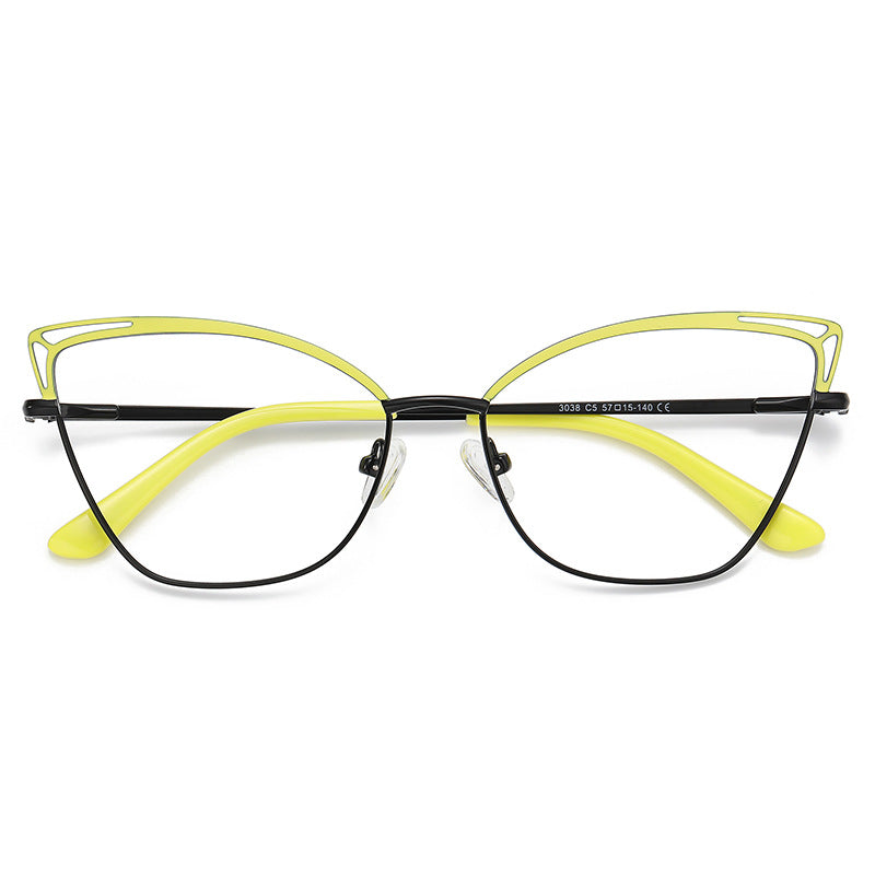 Cutout Metal Cat Eye Blue Light Blocking Glasses in Yellow Green and Black